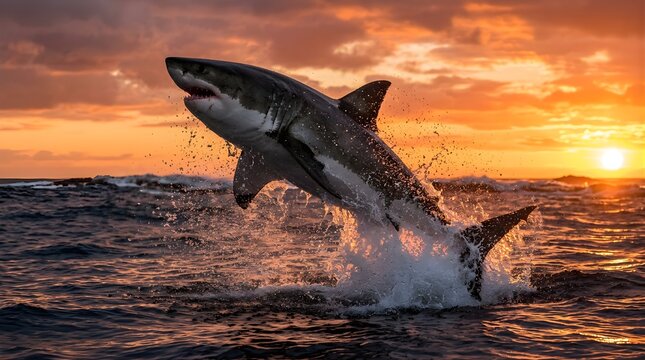 Great White Shark Breaching Out of the Ocean at Sunset.