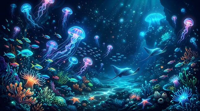 High-quality 3D rendering of a vibrant deep-sea ecosystem featuring glowing neon jellyfish, stingrays, and colorful coral reefs in a dark blue ocean environment.
