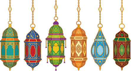 Obraz premium Moroccan Lanterns Vector - Colorful Ramadan Hanging Lamp Islamic Lighting Set