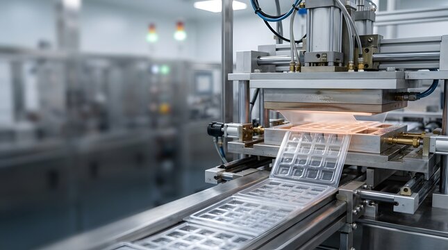 Automated pharmaceutical blister packaging production line forming sterile plastic trays inside clean industrial facility