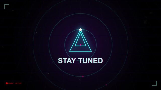 Stay Tuned Glitch Animation with Neon Geometric Shapes and Grid Background