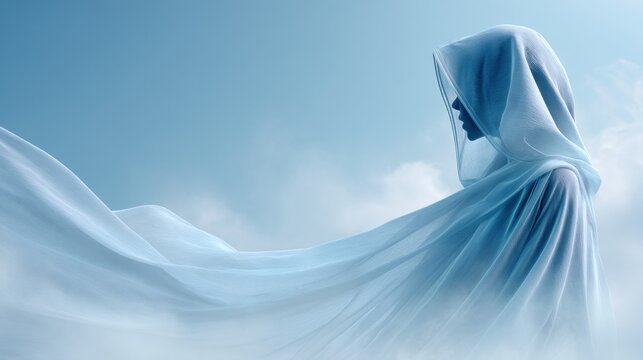 Veiled woman in flowing white hooded cloak against blue sky ethereal spiritual concept portrait