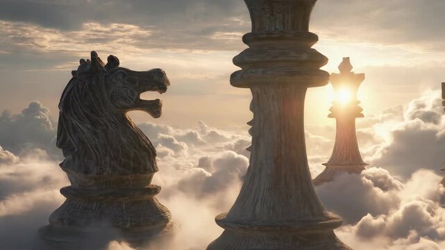 Chess piece cloud sky sunrise, surreal fantasy landscape with stone rook and horse statue, dramatic sky, floating king queen rook knight bishop pawn, mist, vapor, golden backlit, strategic concept