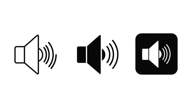 Three speaker volume icons in outline filled square background styles black and white interface collection