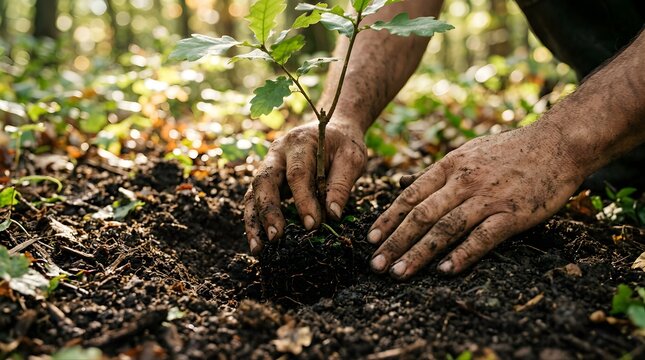 Hands planting a young oak sapling in fertile forest soil.