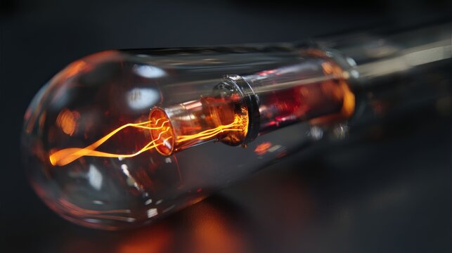 Vintage glass lamp glows with orange light in dark room. Retro lamp features burning filament inside. Macro shot of Edison lamp creates warm atmosphere with electric wire reflection.