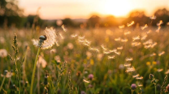 Dandelion seeds blowing in the wind during a golden sunset.