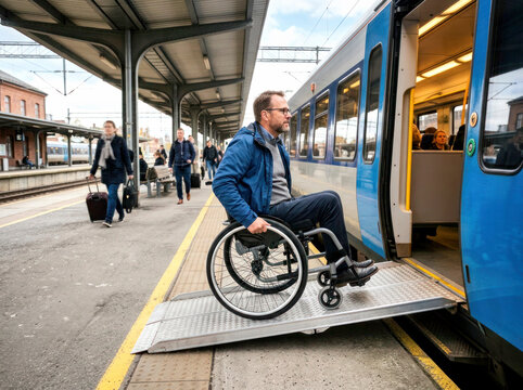 Accessible Public Transport for Travelers With Disabilities. Inclusive transportation image showing a wheelchair traveler using an accessibility ramp to board a passenger train safely.