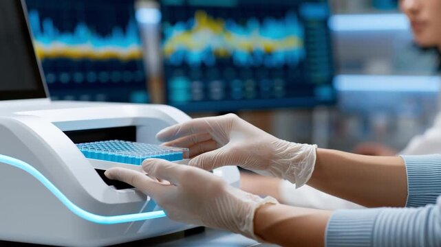 Female laboratory technician in gloves inserts a microplate into a scientific analyzer, with digital data displays and equipment visible in a modern lab environment