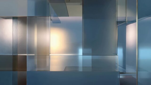 Abstract glass interior modern architecture with blue light, reflective surface, geometric shapes, transparent panels, soft glow, calm modern room composition for SEO searchable content