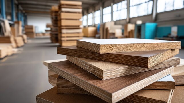 Layered plywood boards stacked in a woodworking factory, ideal for construction materials and manufacturing supply content.