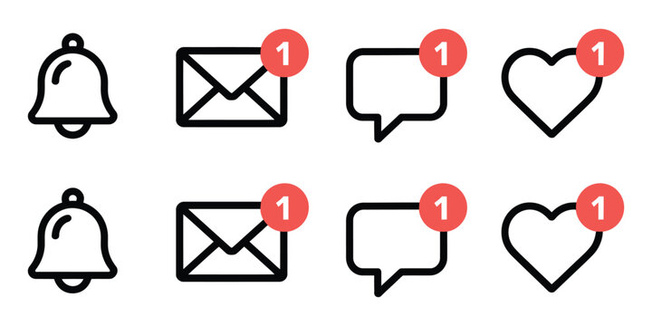 Social media notification icons featuring bell alert, chat speech bubble, unread message indicator, red badge circle
