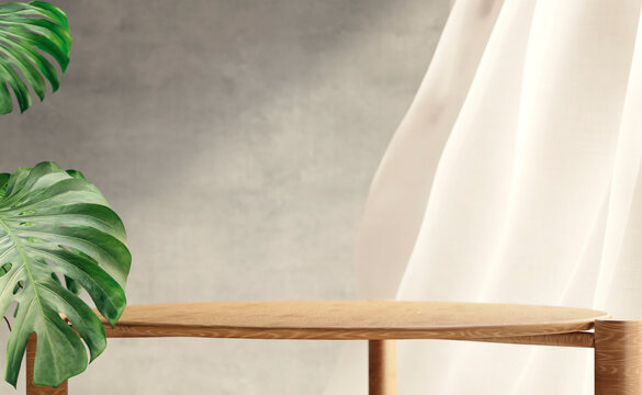 Home interior showroom table background with monstera leaf and white curtains flowing. Minimalist living room aesthetic tabletop mockup. Luxury  natural beauty, cosmetic and business brand display