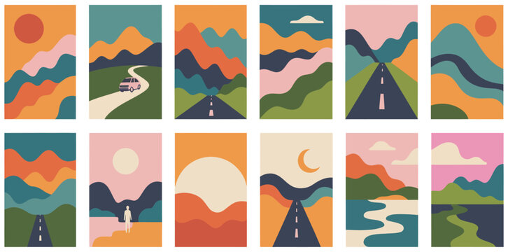 Abstract mountain landscape banner collection with trendy flat collage art style and vintage travel scenery backgrounds