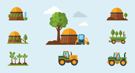 Fototapeta premium Farm agricultural icons with tractors and crops.