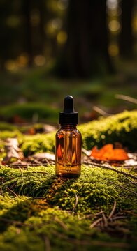 Amber Glass Dropper Bottle Sits on Moss in Sunlit Forest