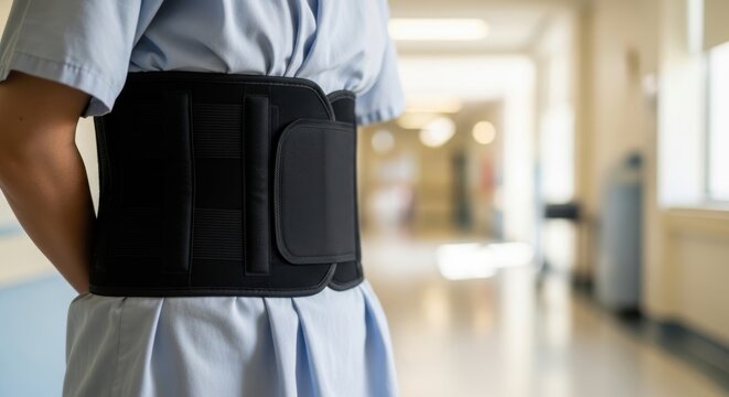 A patient wearing a back brace is standing in the hospital lobby.