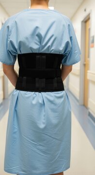 A patient wearing a back brace is standing in the hospital lobby.