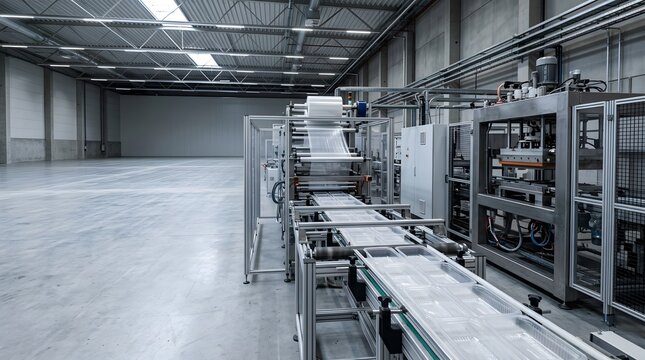 Automated thermoforming packaging production line operating inside clean modern industrial manufacturing warehouse facility
