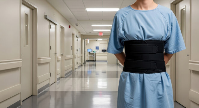 A patient wearing a back brace is standing in the hospital lobby.