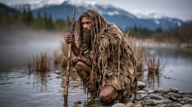 Primitive Hunter by the Misty River