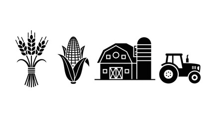Farm icons including wheat corn barn and tractor. © Kosim