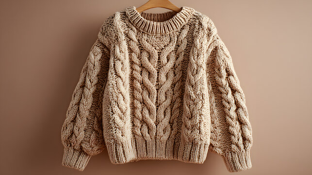 A solid color backdrop is used to isolate a beige knit sweater that has a cable knit pattern and a thick ribbed collar.