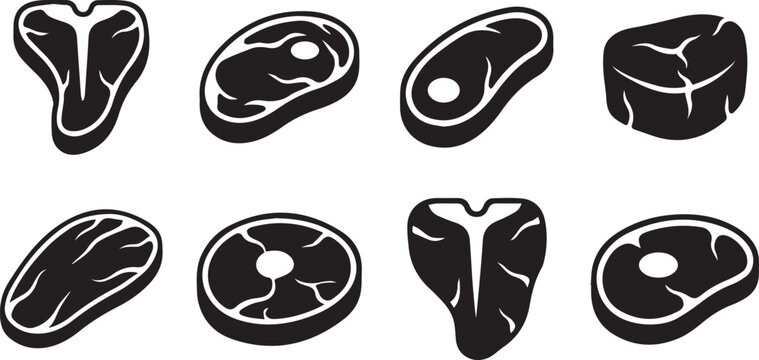 Meat Cuts Steak Icon Set Butcher Beef Pork Fresh Protein Food Silhouette Vector Illustration Collection