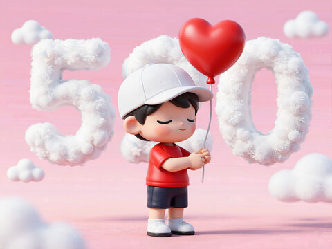 3D cartoon boy with heart balloon for 520 Valentine's Day