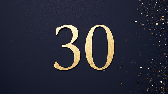 Gold Glitter Blow‑Away Reveal of Number 30 on Solid Background