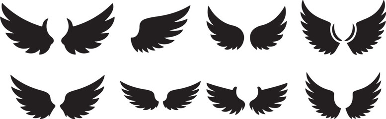 Fototapeta premium Angel Wings Icon Set Bird Wing Fantasy Feather Tattoo Emblem Silhouette Vector Illustration Collection