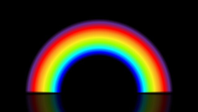 Vector rainbow arch with realistic reflection on black background. Vibrant spectral design created with mesh gradient. Colorful light effect element for creative nature and weather illustrations.