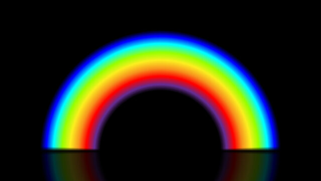 Vector rainbow arch with realistic reflection on black background. Vibrant spectral design created with mesh gradient. Colorful light effect element for creative nature and weather illustrations.
