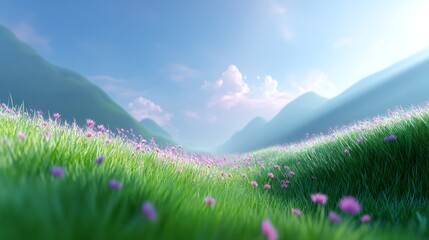 Obraz premium A stunning meadow unfolds with vibrant green grass swaying gently in the breeze. Tiny pink flowers bloom among the blades, surrounded by majestic mountains kissing the horizon, all under a bright sky