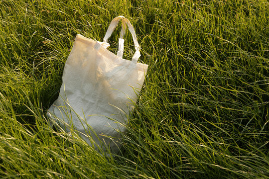 Blank reusable tote bag on green grass in sunlight ,sustainable lifestyle