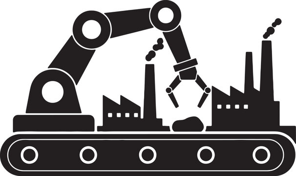 Industrial factory robot icon, automated manufacturing process illustration.