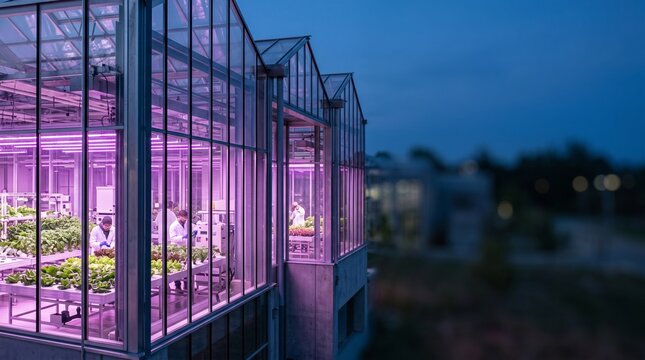 Scientists working inside a modern vertical greenhouse with purple lights at night