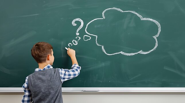 Young Boy Drawing Question Mark and Thought Bubble on Chalkboard.