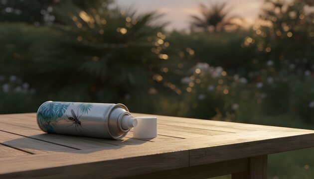 An empty mosquito repellent can rests on a wooden table in a lush tropical garden during golden hour sunset for a mosquito season and pest control safety concept