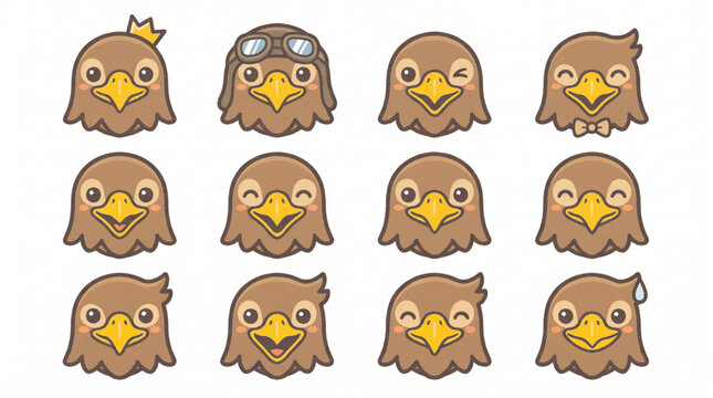 Cute brown eagle bird emoticon set with accessories and expressions