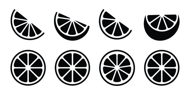 Citrus slices icons, orange lemon lime halves and quarters vector graphics, fresh fruit segments collection, juicy tropical food symbols, clean minimal illustration for packaging menu and branding 