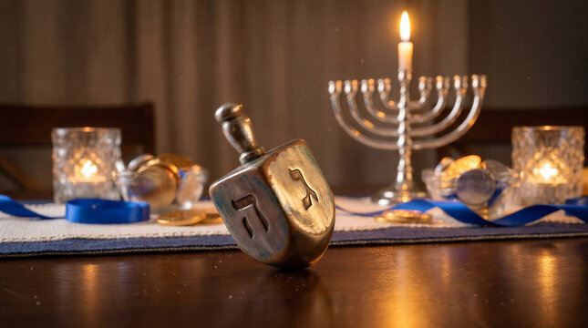 Hanukkah dreidel spinning top with menorah and glowing candle.