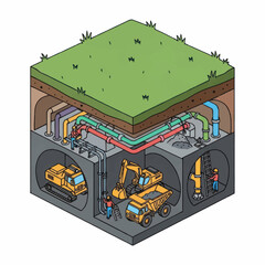Cross section of underground infrastructure with construction equipment and workers. © Joi