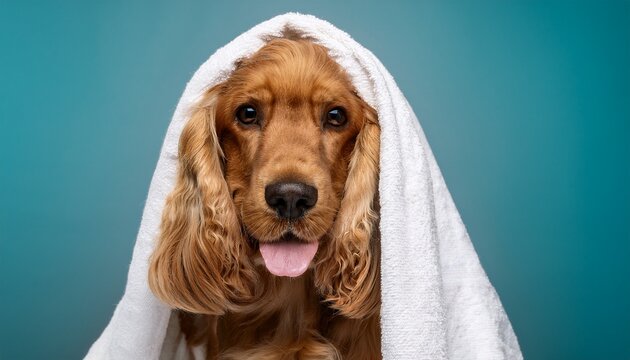 a golden brown cocker spaniel dog with wavy fur sits with a white towel draped over its head tongue out looking directly at the camera