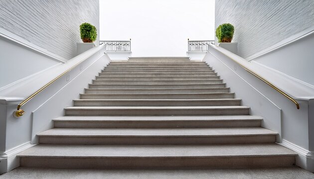 a white staircase viewed from the front ascending in a straight symmetrical design with evenly spaced steps