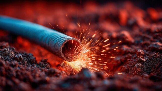 Sparks fly from a metal pipe in a fiery, industrial scene.