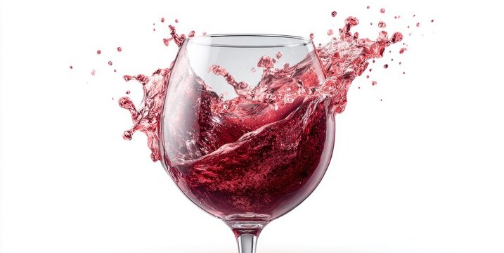 Red wine splashing out of a glass against a clean white background
