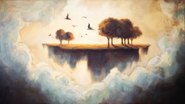 Dreamy fantasy painting of a sky garden suspended over clouds with blooming trees, birds, and warm surreal sunrise atmosphere