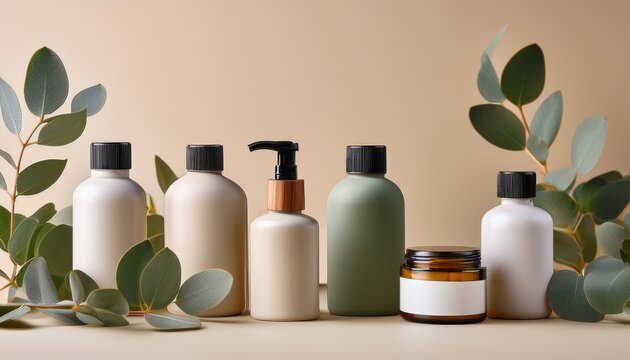 organic cosmetic jars and bottles with eucalyptus leaves on beige background with copy space