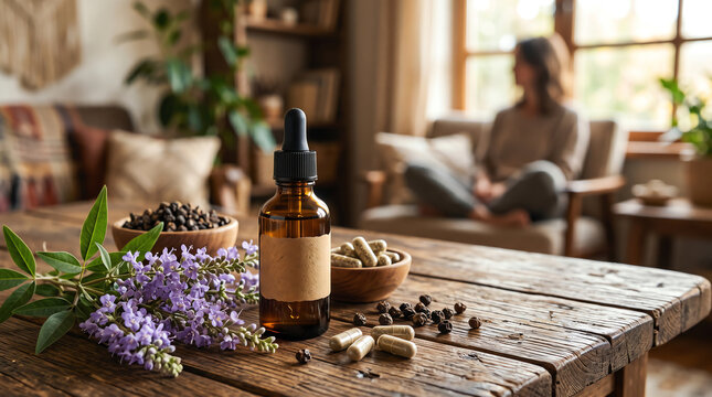 Amber tincture bottle next to fresh vitex chasteberry flowers and dried berries with capsules on wooden board